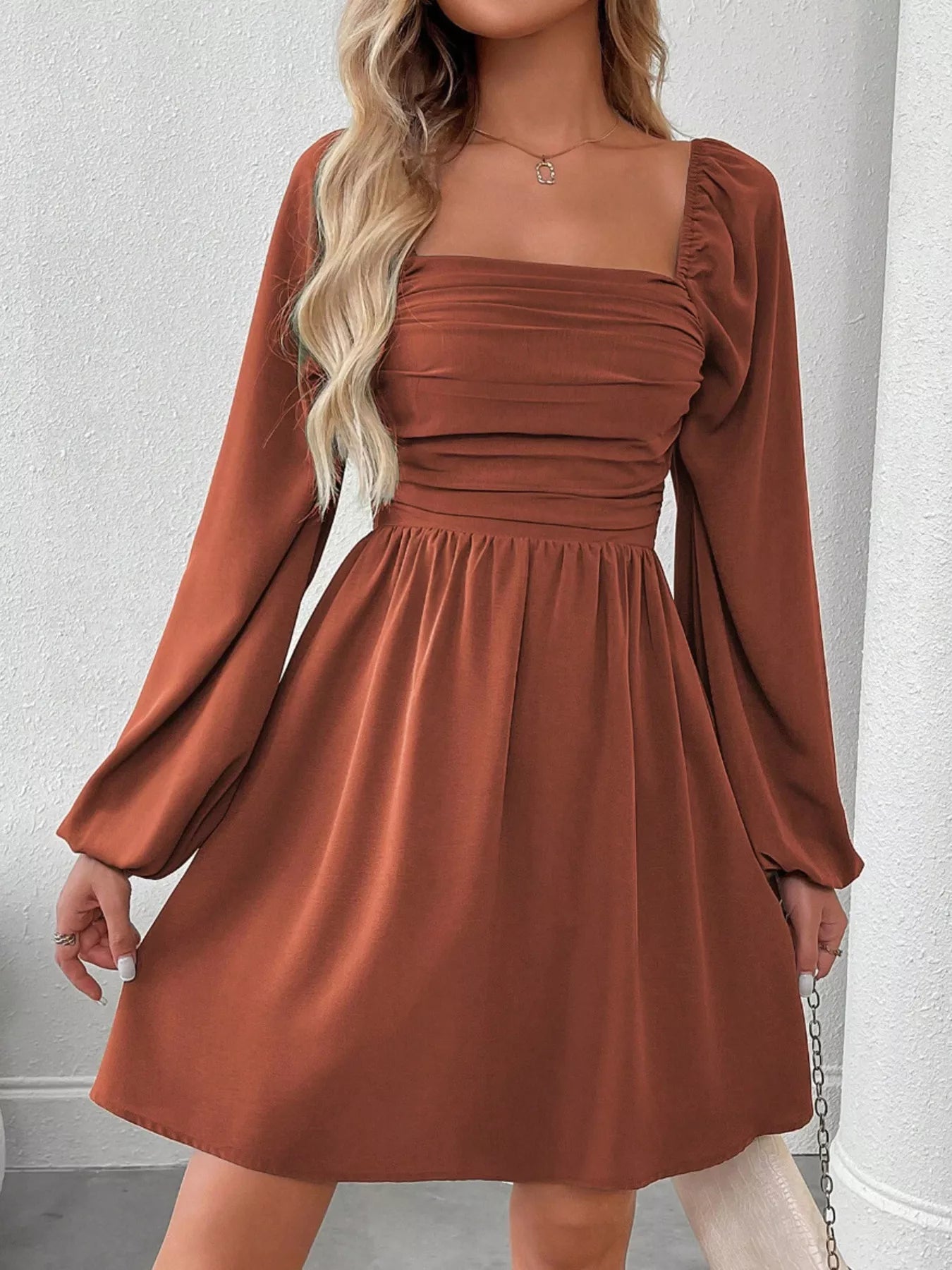 Ruched Square Neck Long Sleeve A-Line Dress - view 23