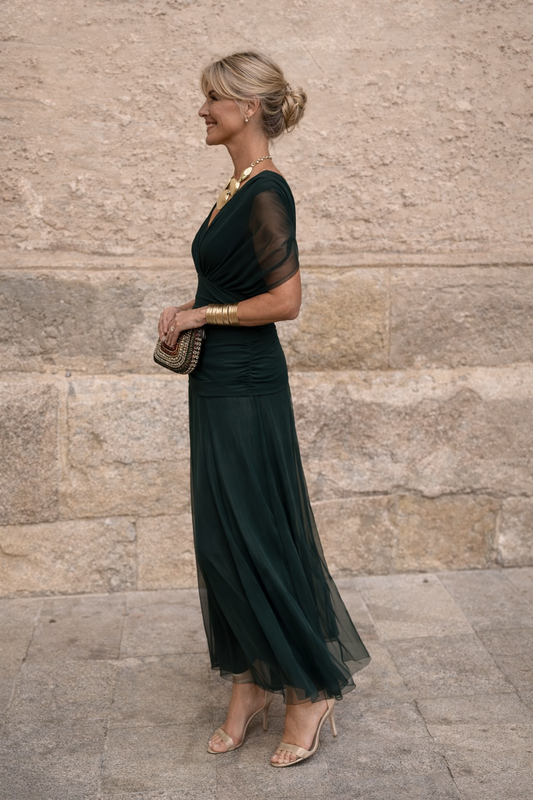 V-Neck Chiffon Maxi Dress with Ruched Waist - view 2