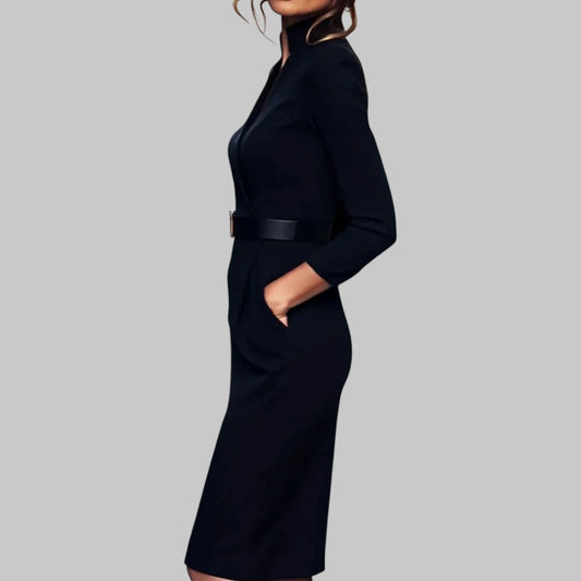 Collared Midi Dress with Belt and Long Sleeves - view 2