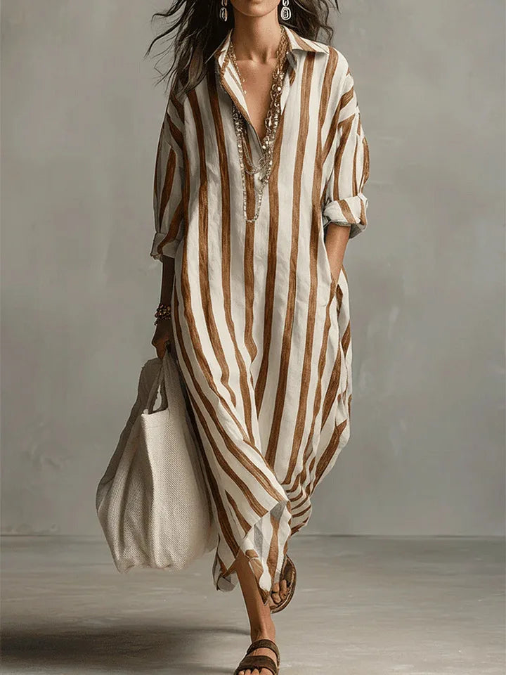 Striped Maxi Dress with Collar and Long Sleeves - view 7