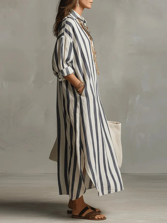 Striped Maxi Dress with Collar and Long Sleeves - view 2