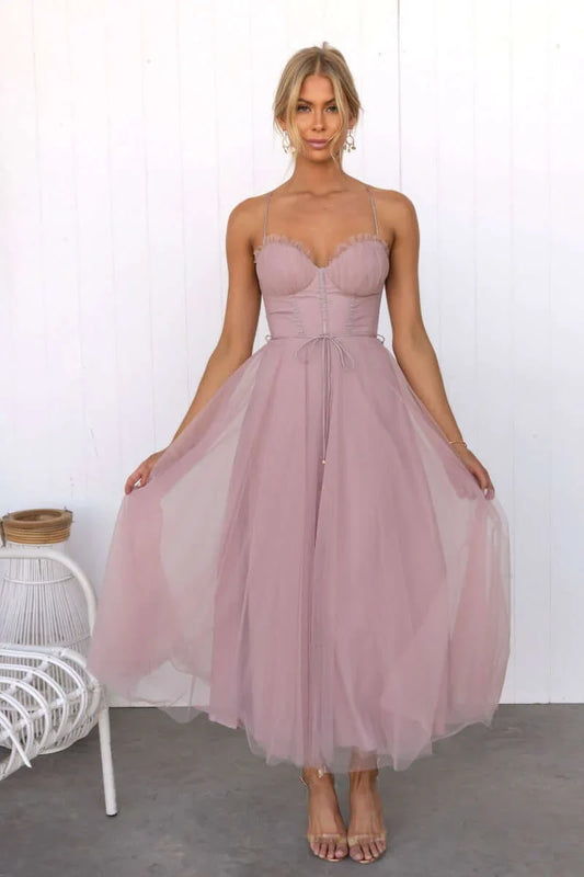 Summer Midi Dress with Tulle Skirt and Spaghetti Straps - view 2