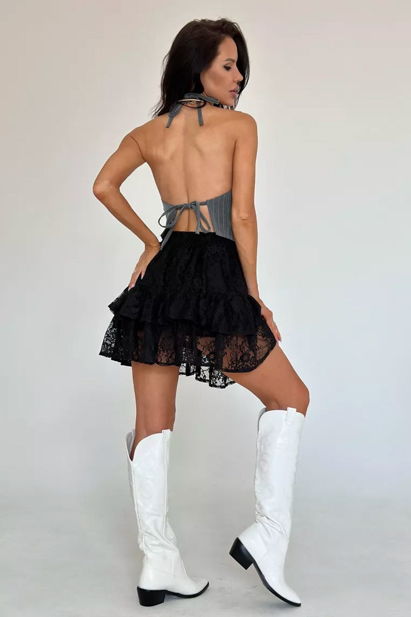 Sheer Lace Jacquard Tiered Mini Skirt - view 11