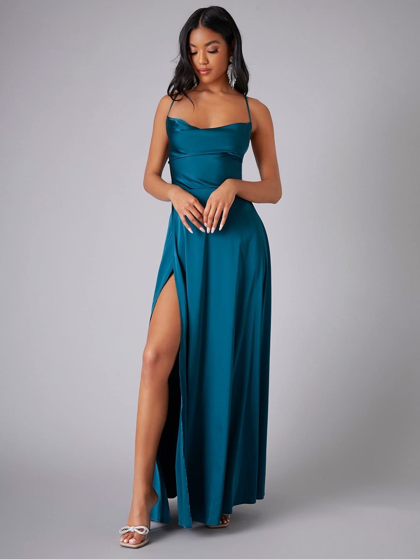 Satin Backless Maxi Dress with Cowl Neck and Side Slit - view 7
