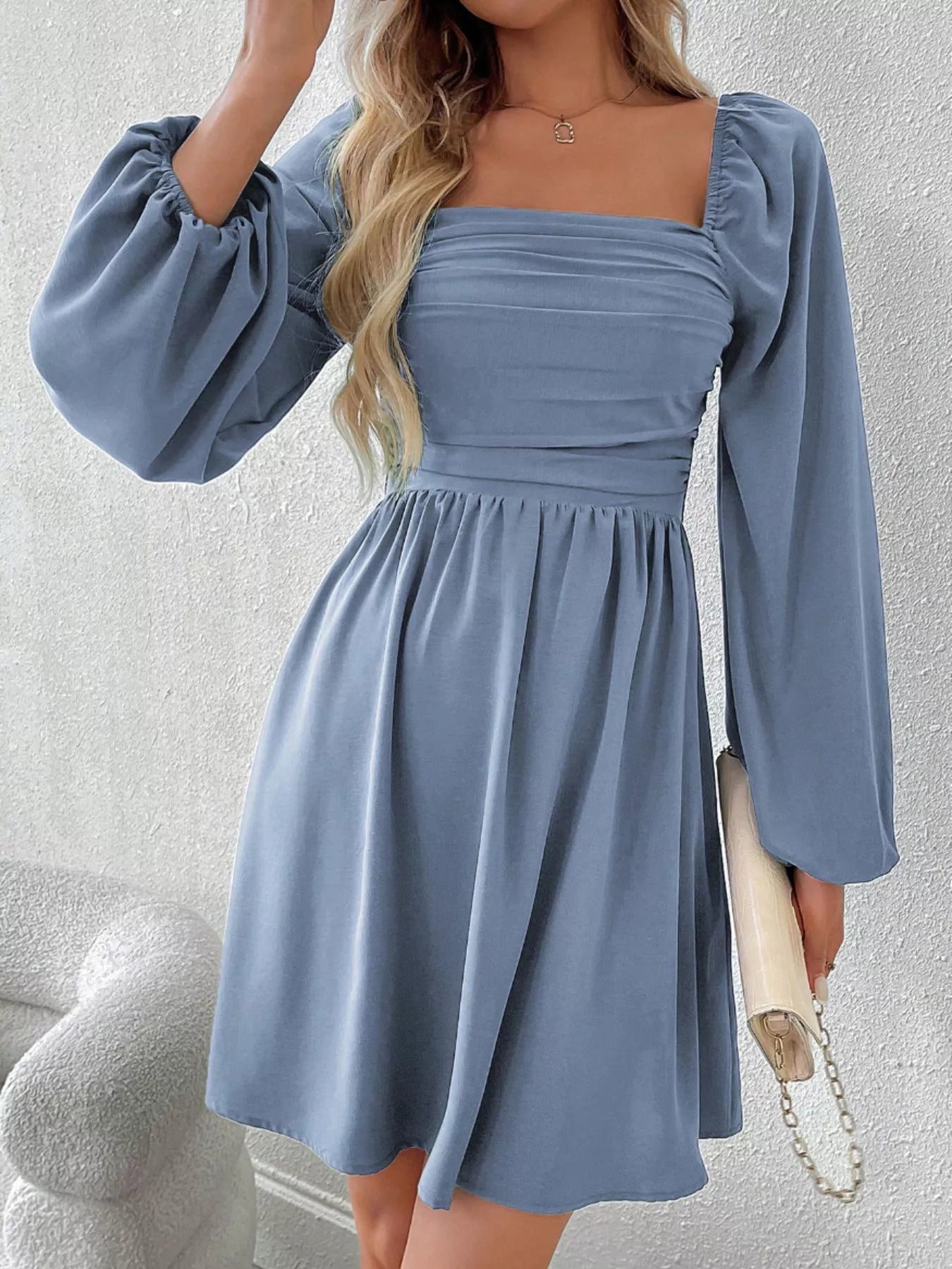Ruched Square Neck Long Sleeve A-Line Dress - view 14