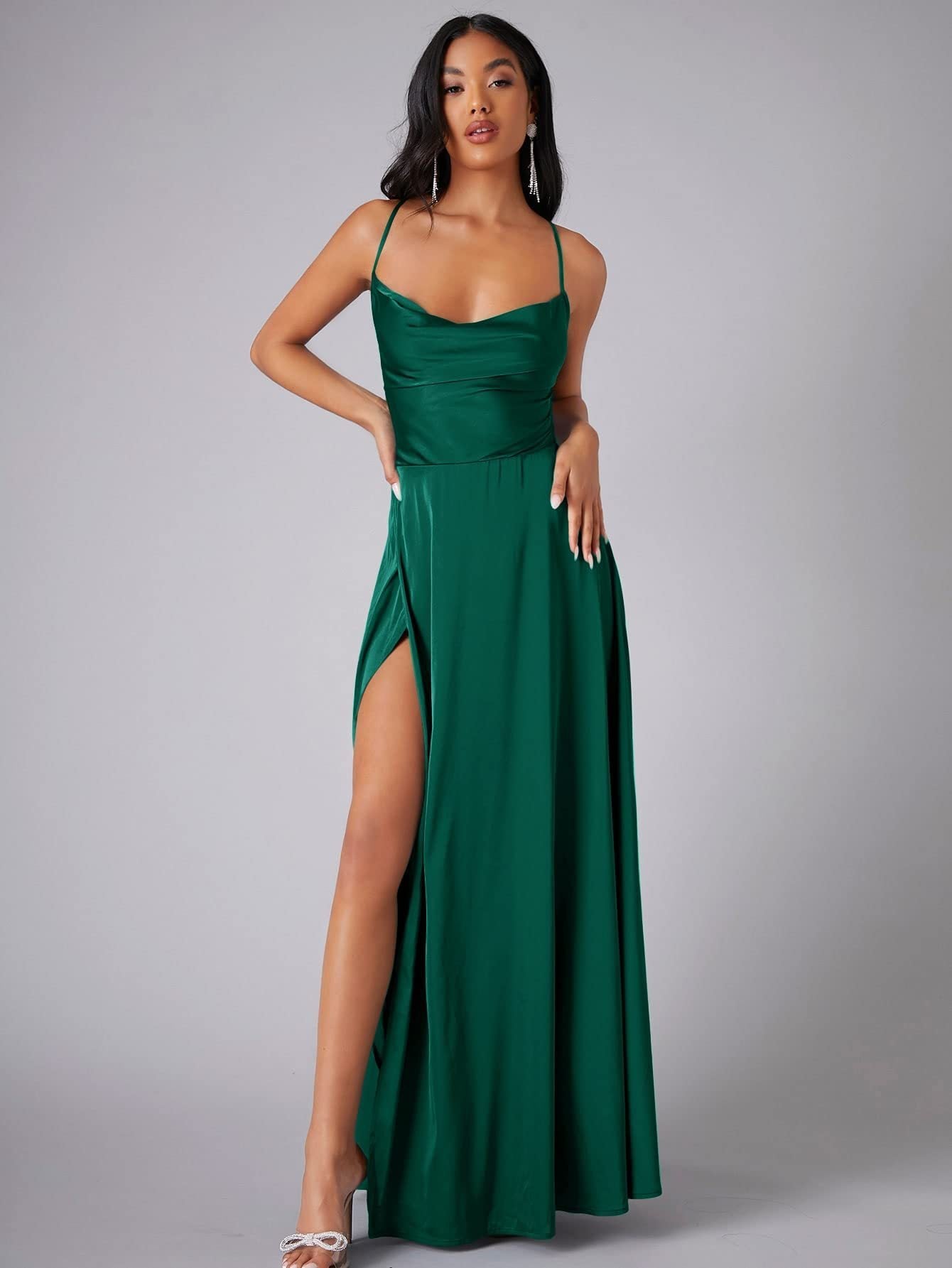 Satin Backless Maxi Dress with Cowl Neck and Side Slit - view 9