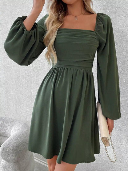 Ruched Square Neck Long Sleeve A-Line Dress - view 7