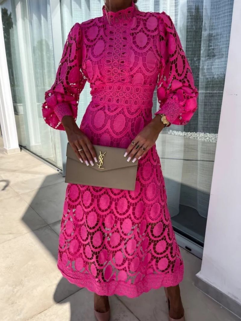 Lace Summer Dress with Puff Sleeves and High Neck - view 7