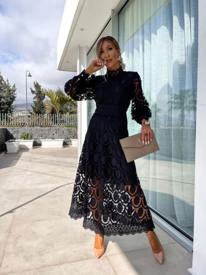 Lace Summer Dress with Puff Sleeves and High Neck - view 6