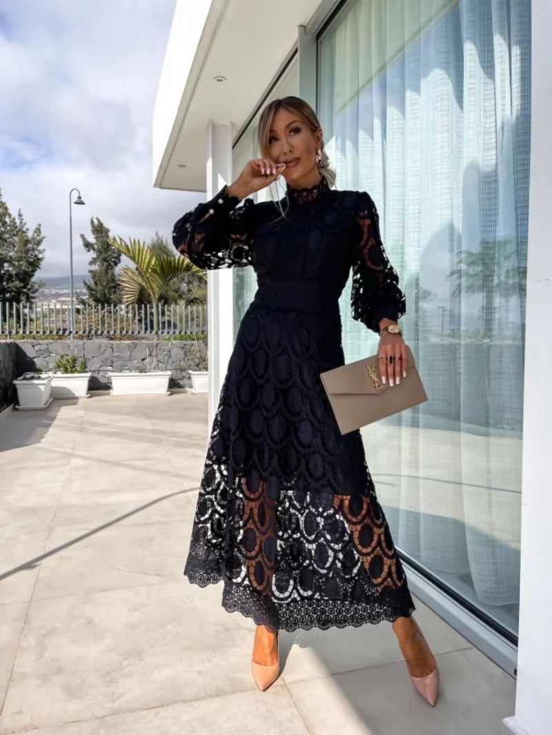 Lace Summer Dress with Puff Sleeves and High Neck - view 6