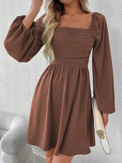 Ruched Square Neck Long Sleeve A-Line Dress - view 16