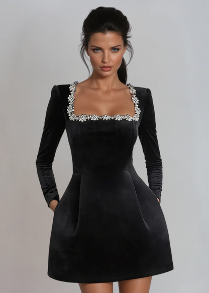 Crystal Trim Square Neck Velvet Mini Dress