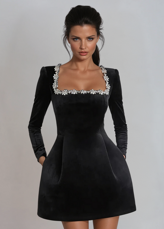 Crystal Trim Square Neck Velvet Mini Dress