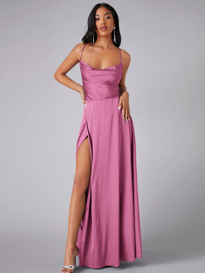 Satin Backless Maxi Dress with Cowl Neck and Side Slit - view 11