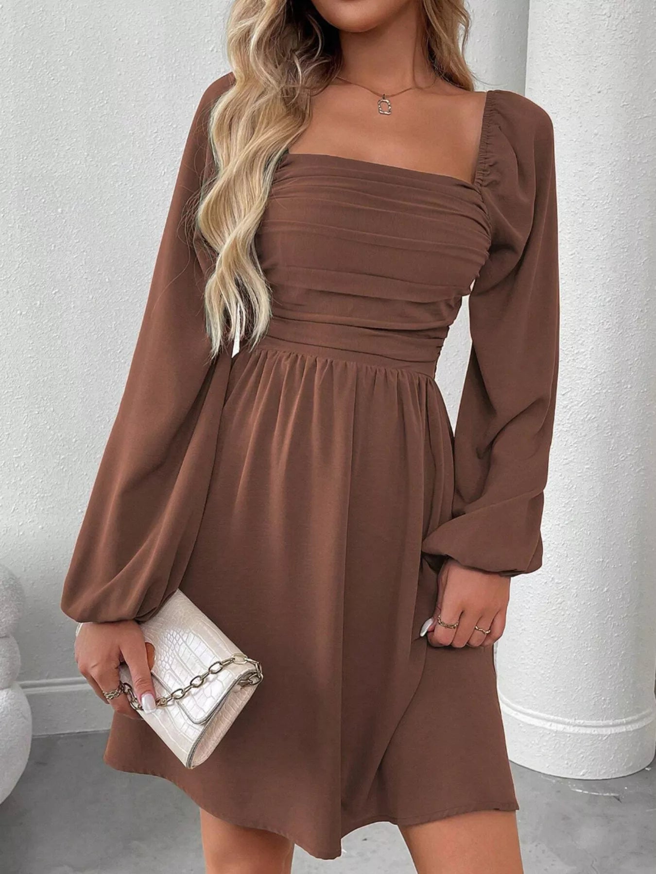 Ruched Square Neck Long Sleeve A-Line Dress - view 18