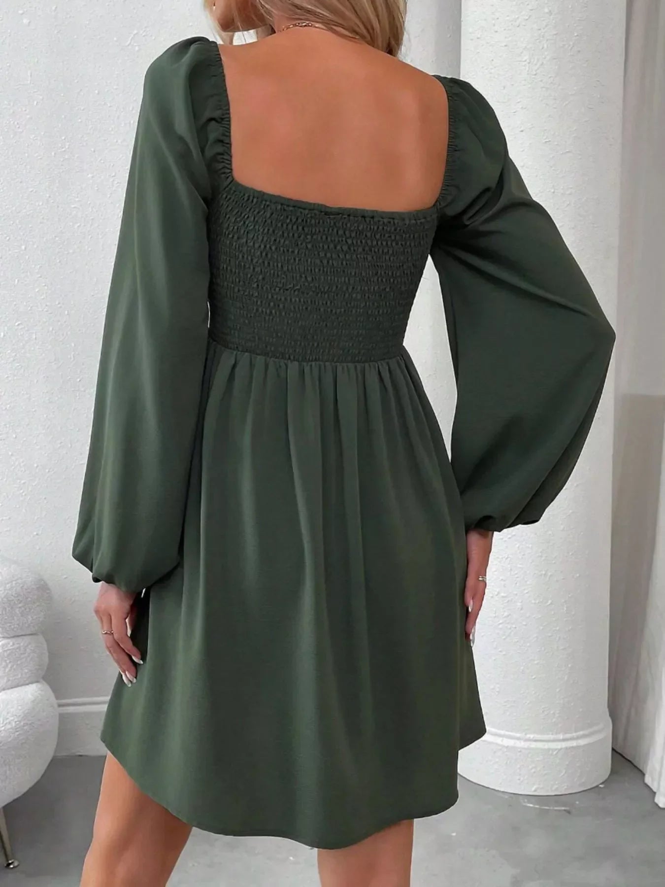 Ruched Square Neck Long Sleeve A-Line Dress - view 9