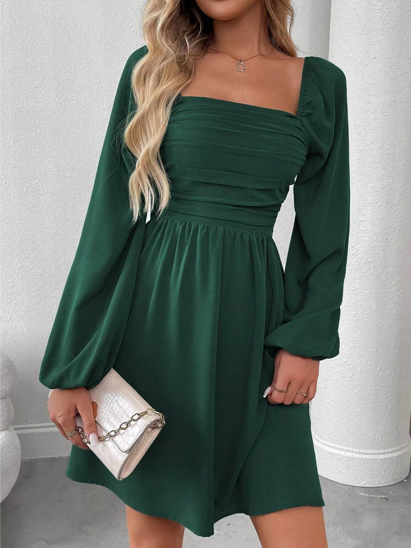 Ruched Square Neck Long Sleeve A-Line Dress - view 2