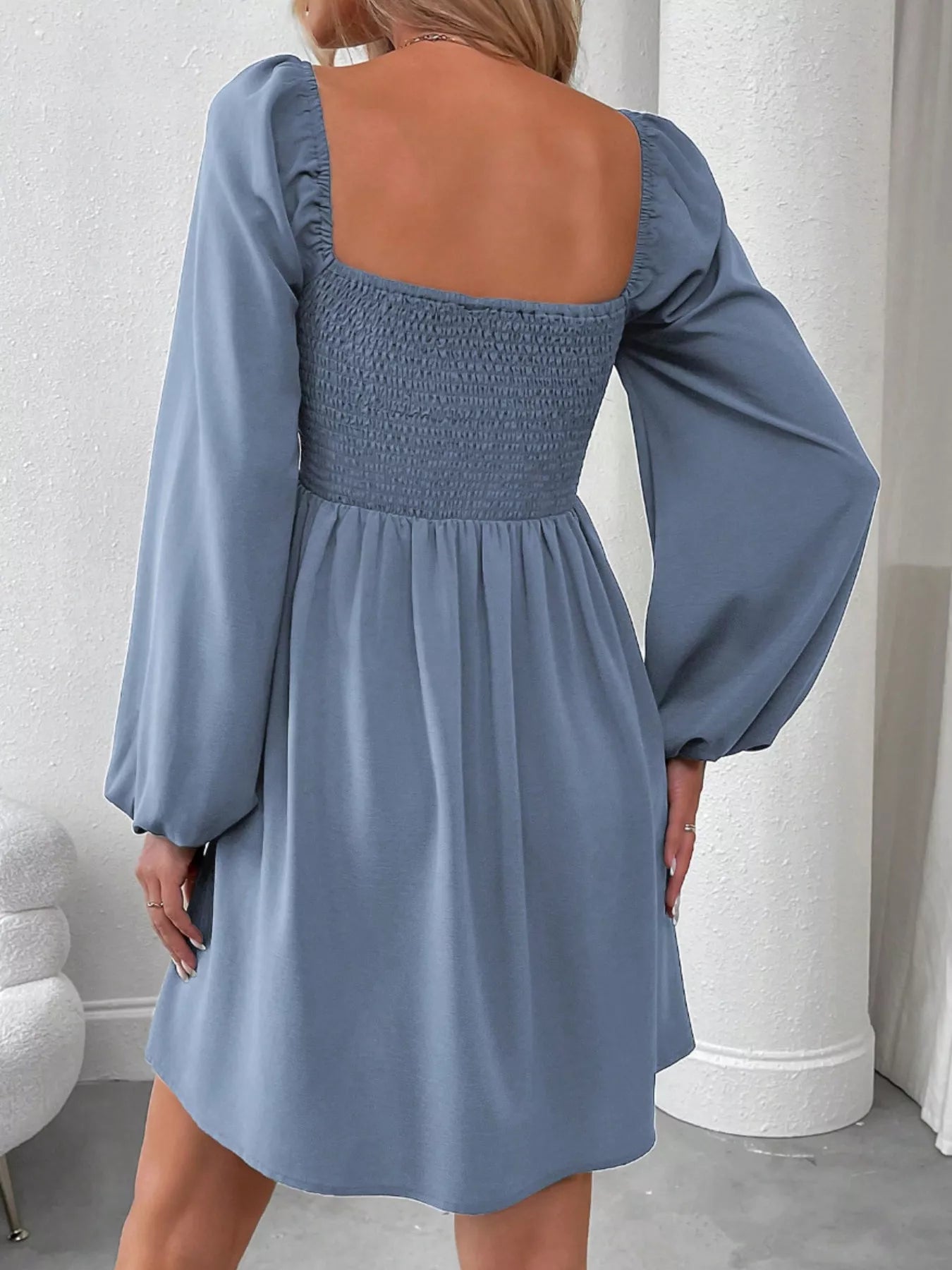 Ruched Square Neck Long Sleeve A-Line Dress - view 15
