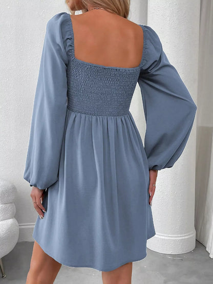 Ruched Square Neck Long Sleeve A-Line Dress - view 15