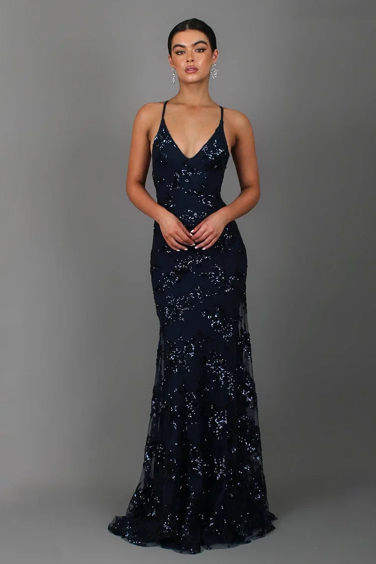 Backless Sequin V-Neck Maxi Dress