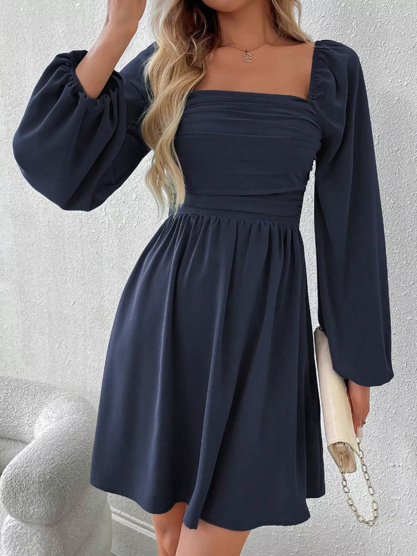 Ruched Square Neck Long Sleeve A-Line Dress - view 21