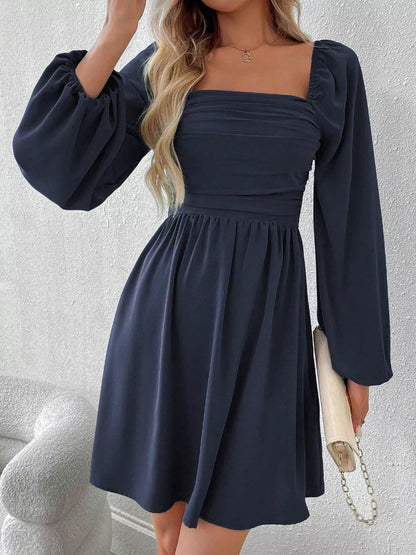 Ruched Square Neck Long Sleeve A-Line Dress - view 21