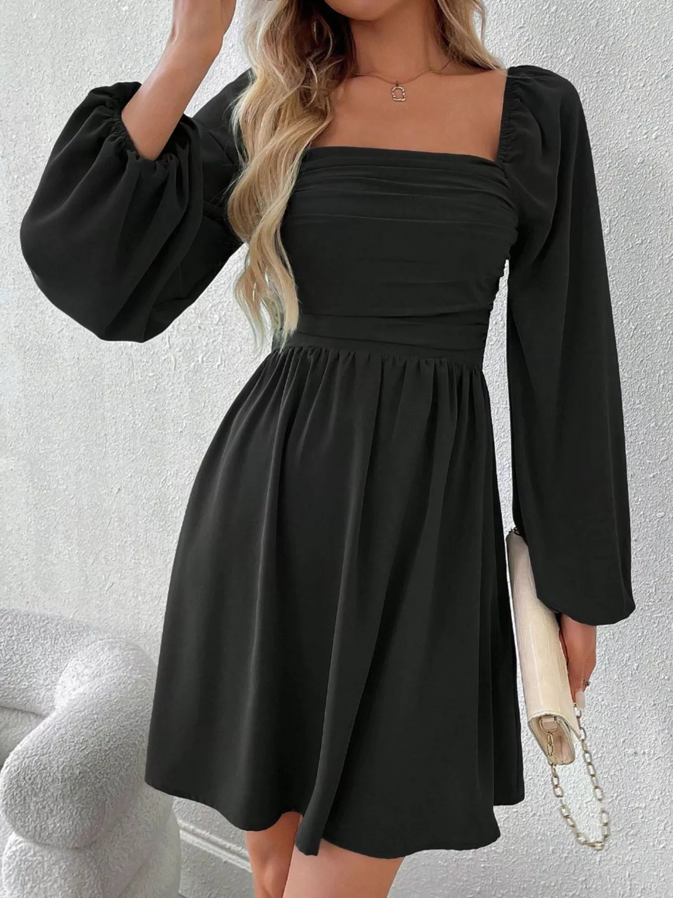 Ruched Square Neck Long Sleeve A-Line Dress - view 11