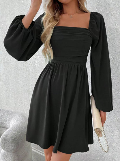 Ruched Square Neck Long Sleeve A-Line Dress - view 11
