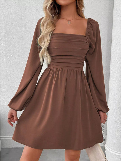 Ruched Square Neck Long Sleeve A-Line Dress - view 19