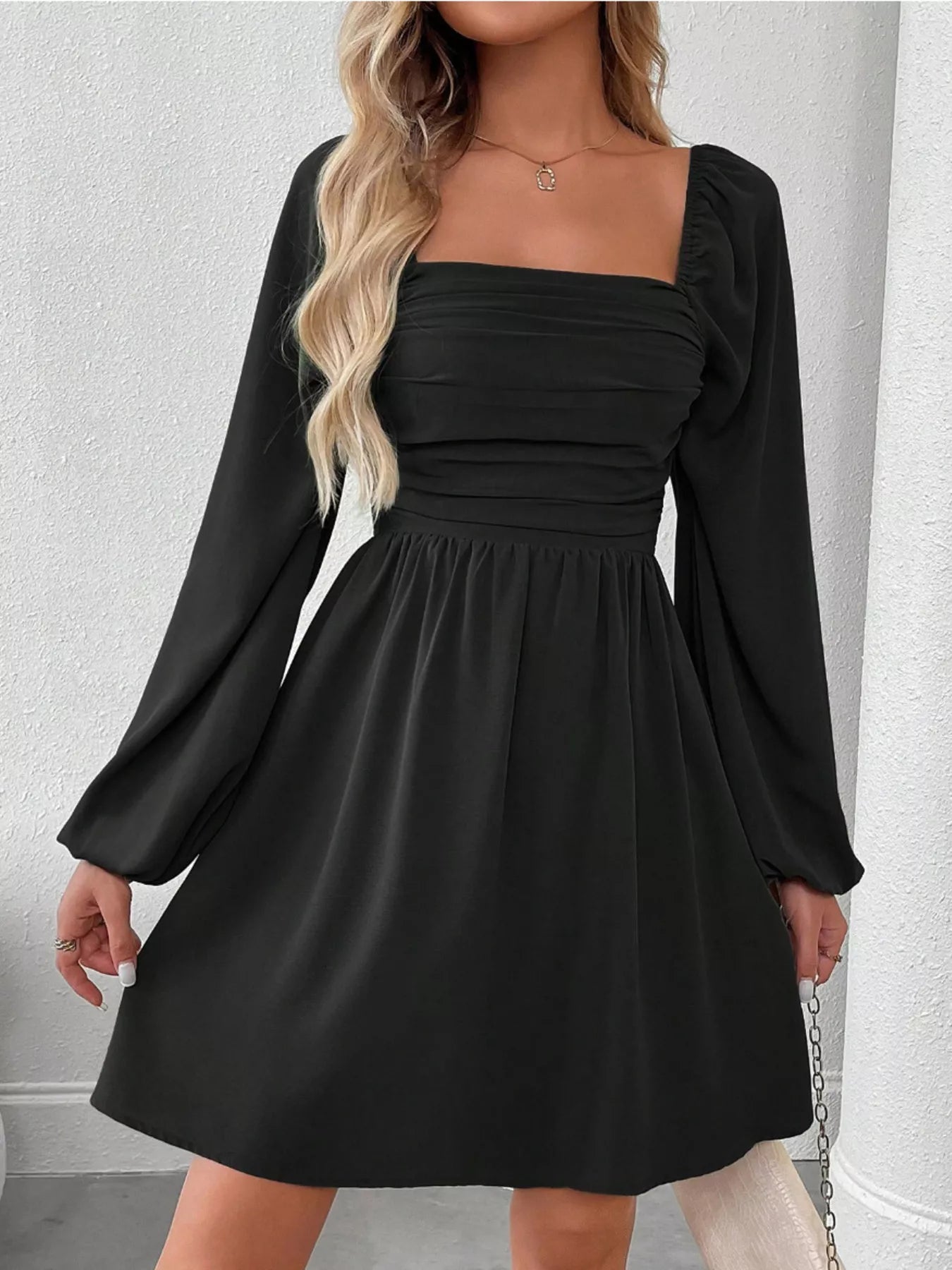 Ruched Square Neck Long Sleeve A-Line Dress - view 10