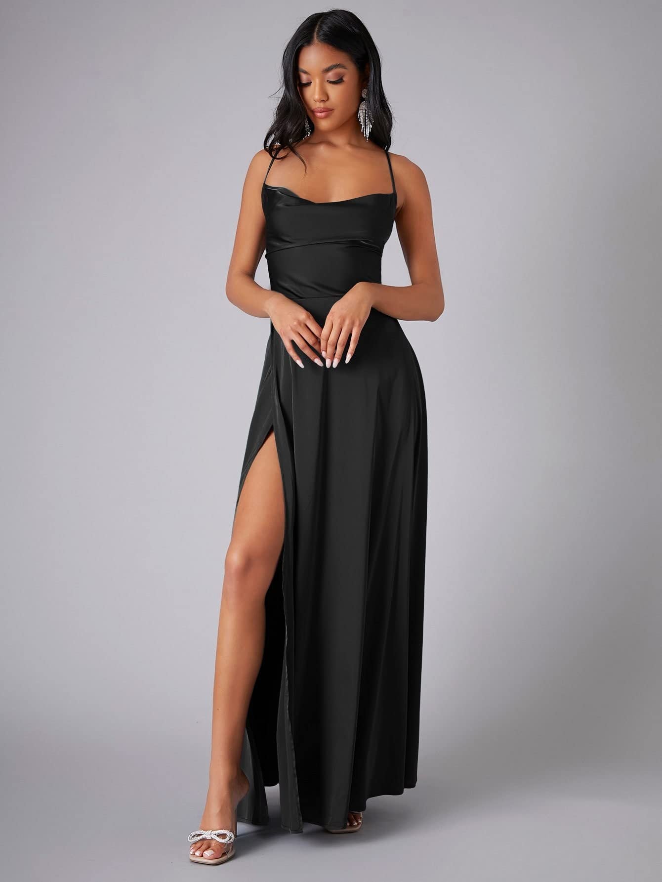 Satin Backless Maxi Dress with Cowl Neck and Side Slit