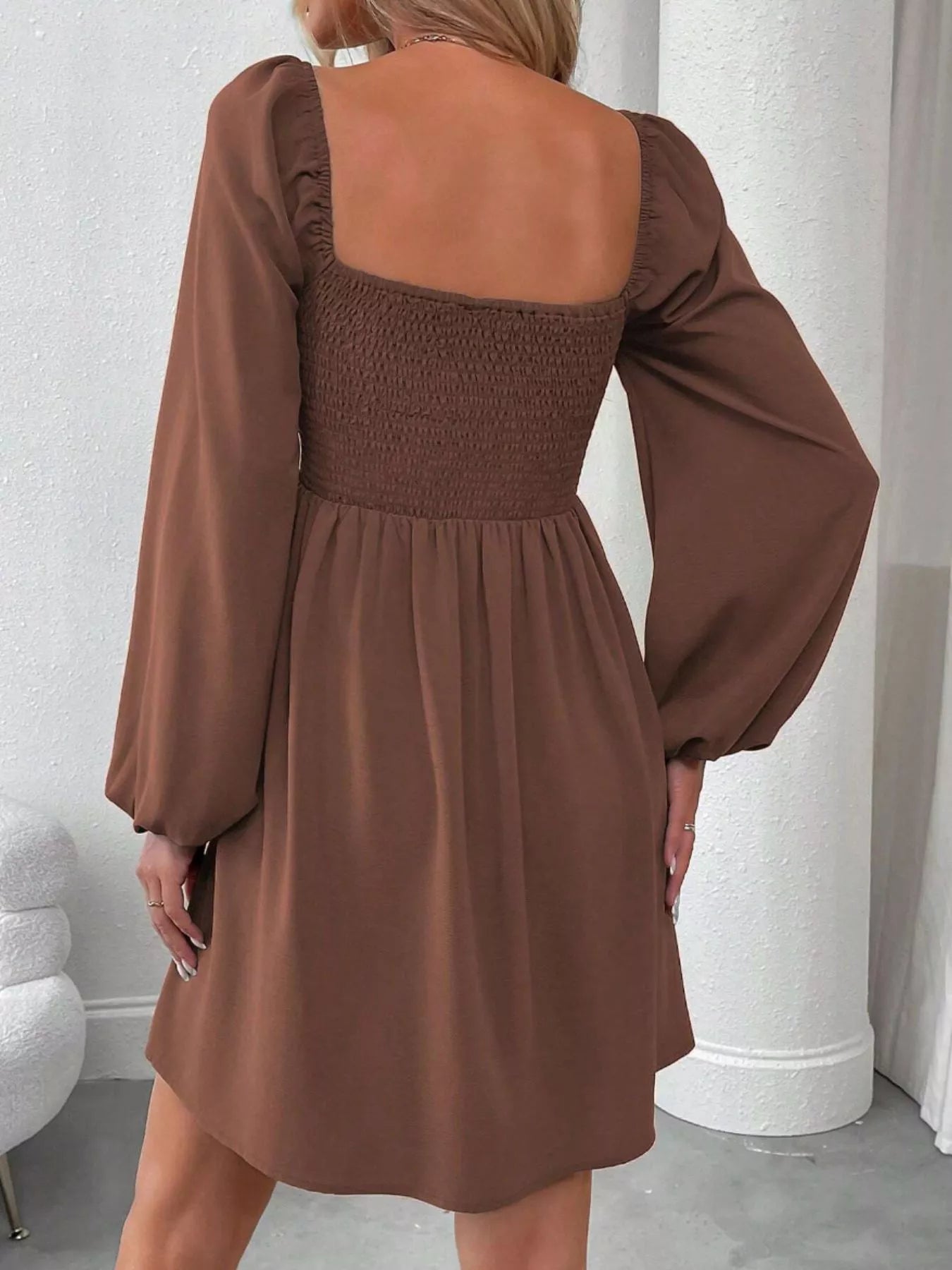 Ruched Square Neck Long Sleeve A-Line Dress - view 20