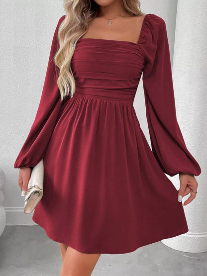 Ruched Square Neck Long Sleeve A-Line Dress - view 4