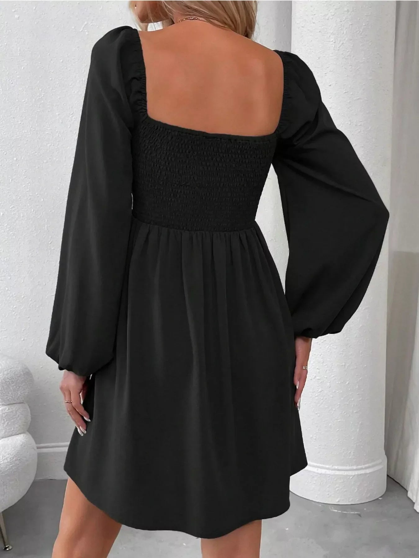Ruched Square Neck Long Sleeve A-Line Dress - view 12