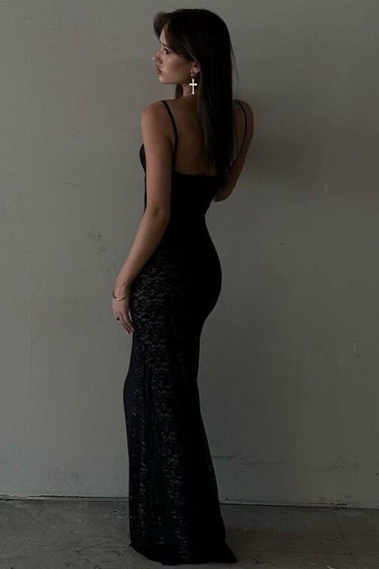 Backless Lace Maxi Dress with Deep V Neckline - view 4