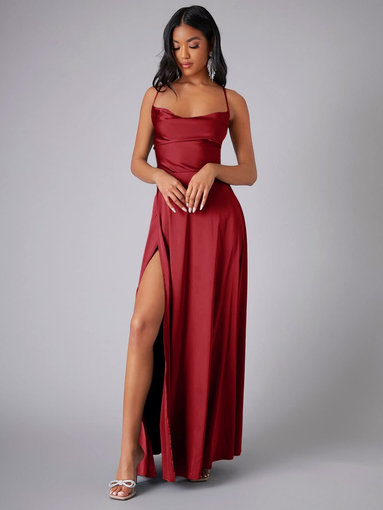 Satin Backless Maxi Dress with Cowl Neck and Side Slit - view 12
