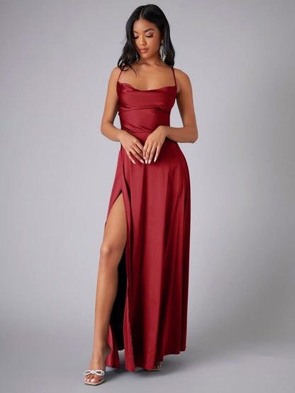 Satin Backless Maxi Dress with Cowl Neck and Side Slit - view 12