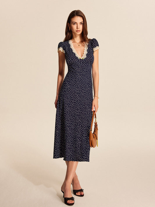 Polka Dot V-Neck Maxi Dress with Lace Trim - view 2