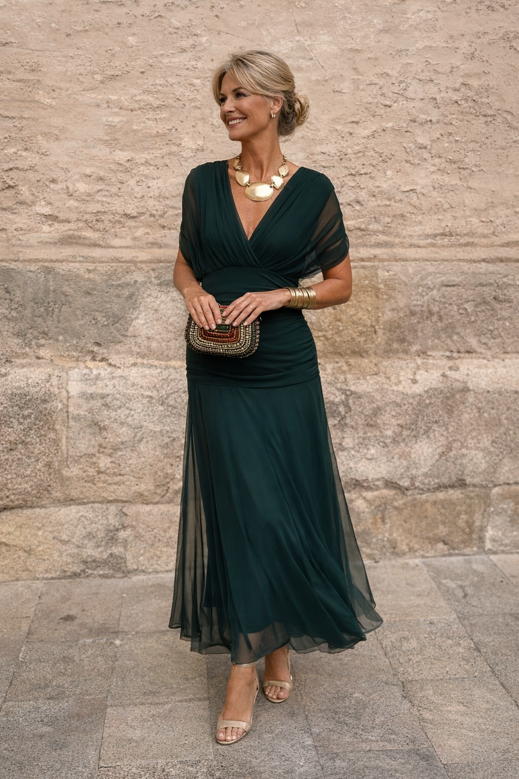 V-Neck Chiffon Maxi Dress with Ruched Waist