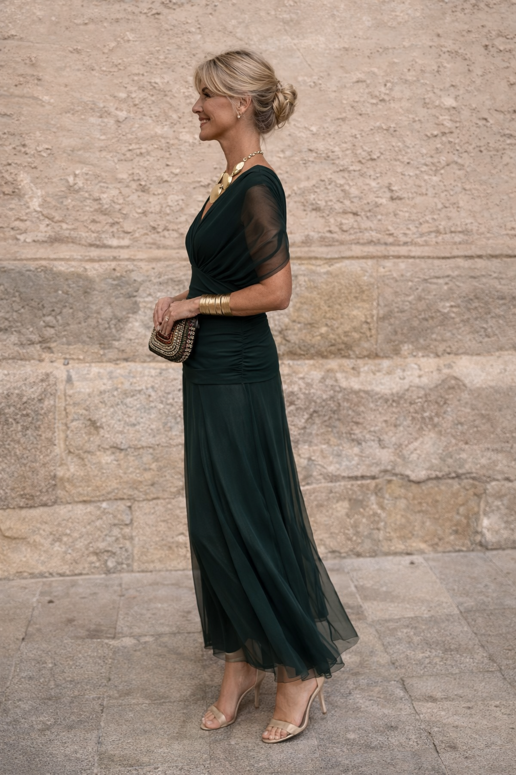 V-Neck Chiffon Maxi Dress with Ruched Waist - view 2