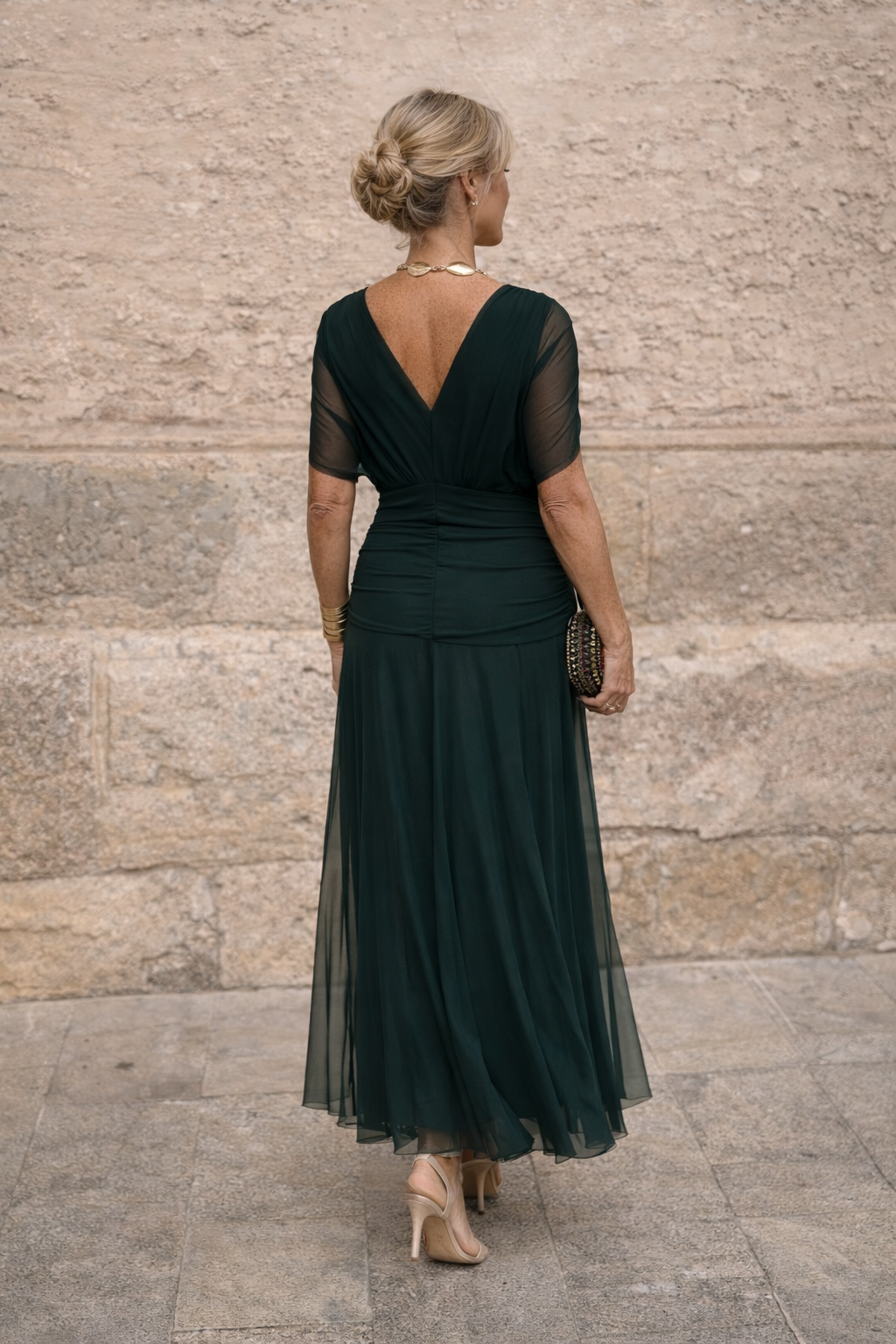 V-Neck Chiffon Maxi Dress with Ruched Waist - view 3