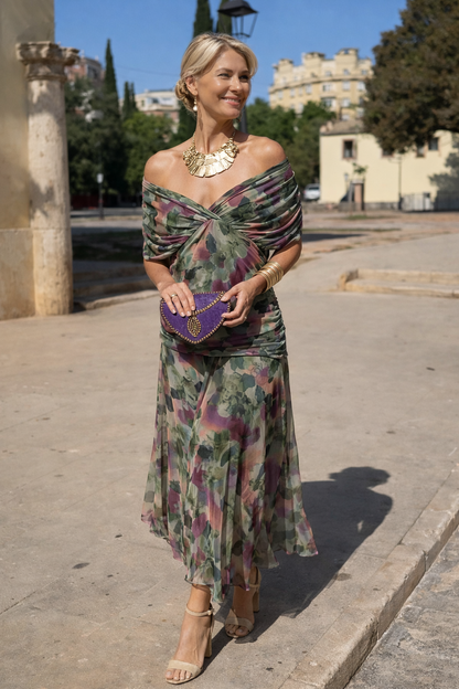 V-Neck Chiffon Maxi Dress with Ruched Waist - view 4