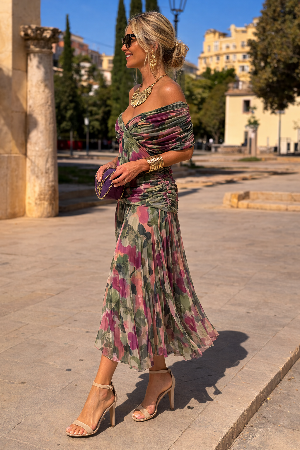 V-Neck Chiffon Maxi Dress with Ruched Waist - view 5