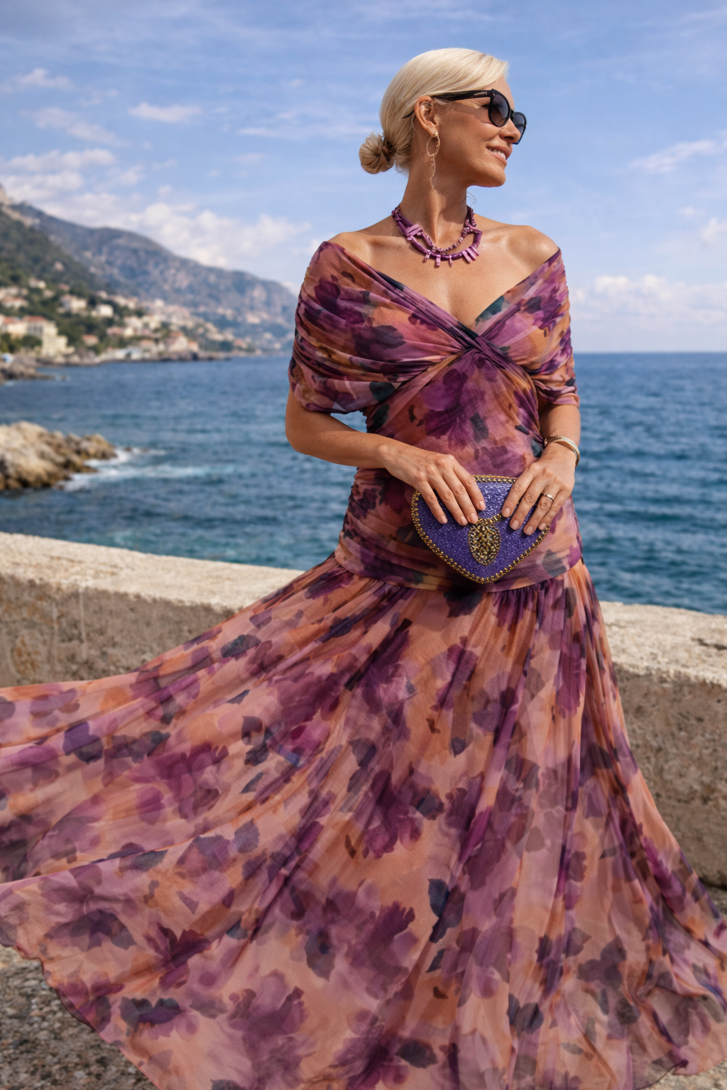 V-Neck Chiffon Maxi Dress with Ruched Waist - view 8