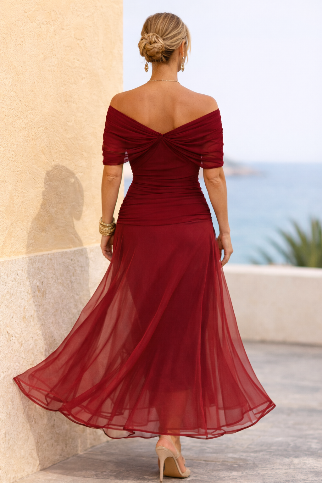 V-Neck Chiffon Maxi Dress with Ruched Waist - view 15
