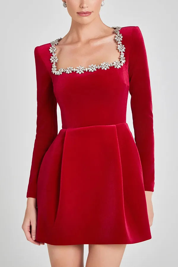 Crystal Trim Square Neck Velvet Mini Dress - view 6