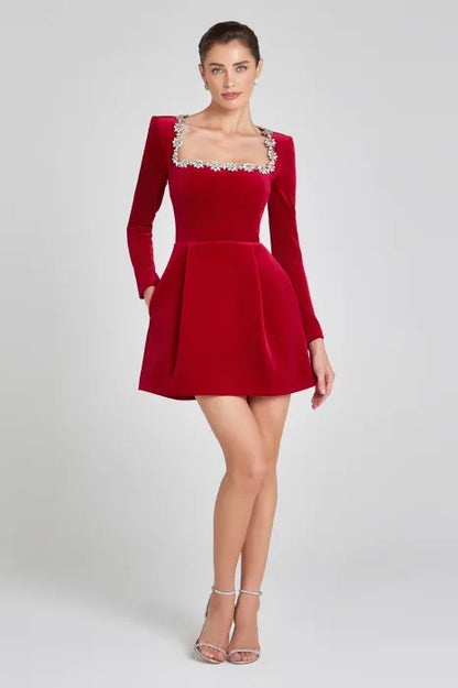 Crystal Trim Square Neck Velvet Mini Dress - view 5