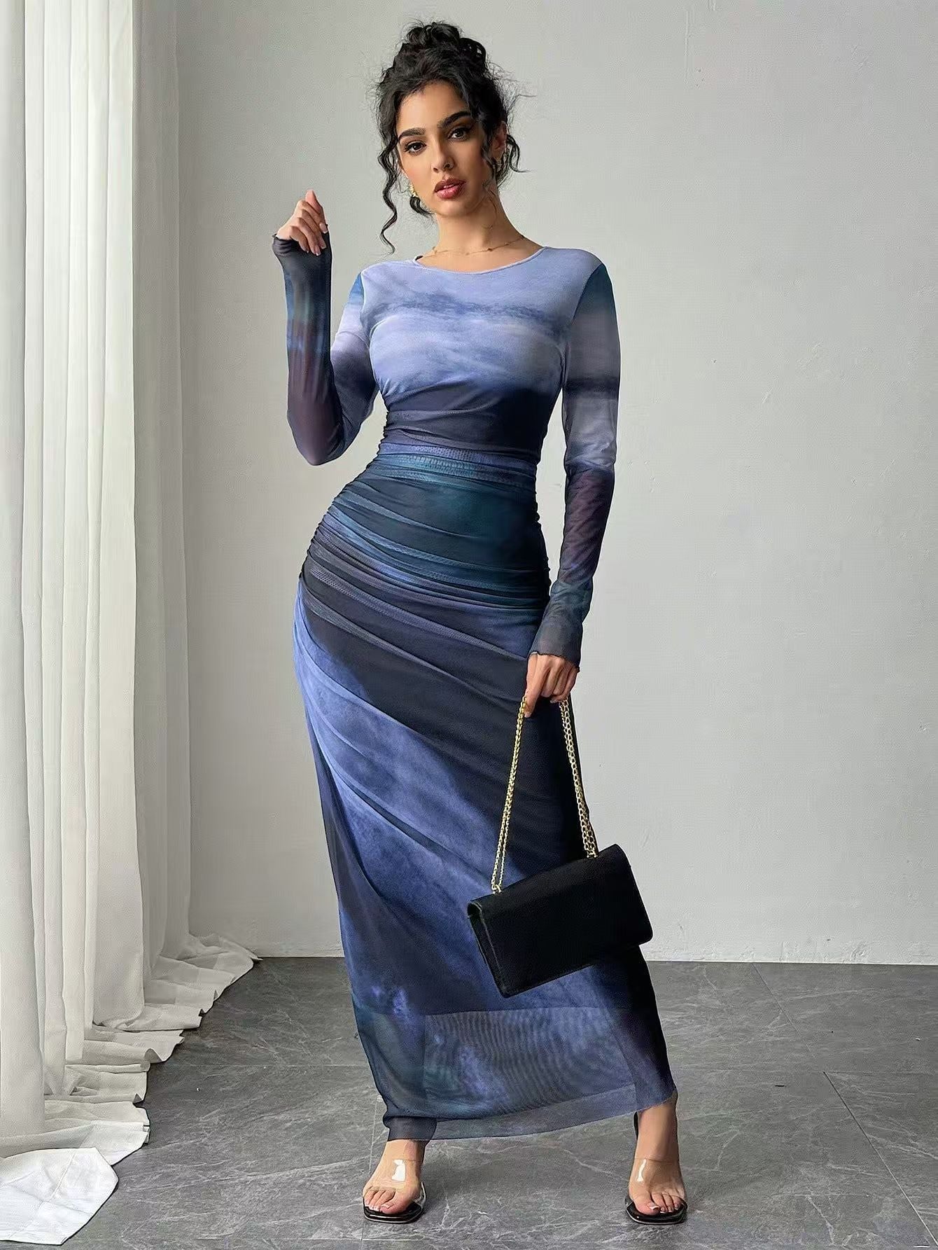 Comfy Printed Long Sleeve Round Neck Maxi Dress - view 7