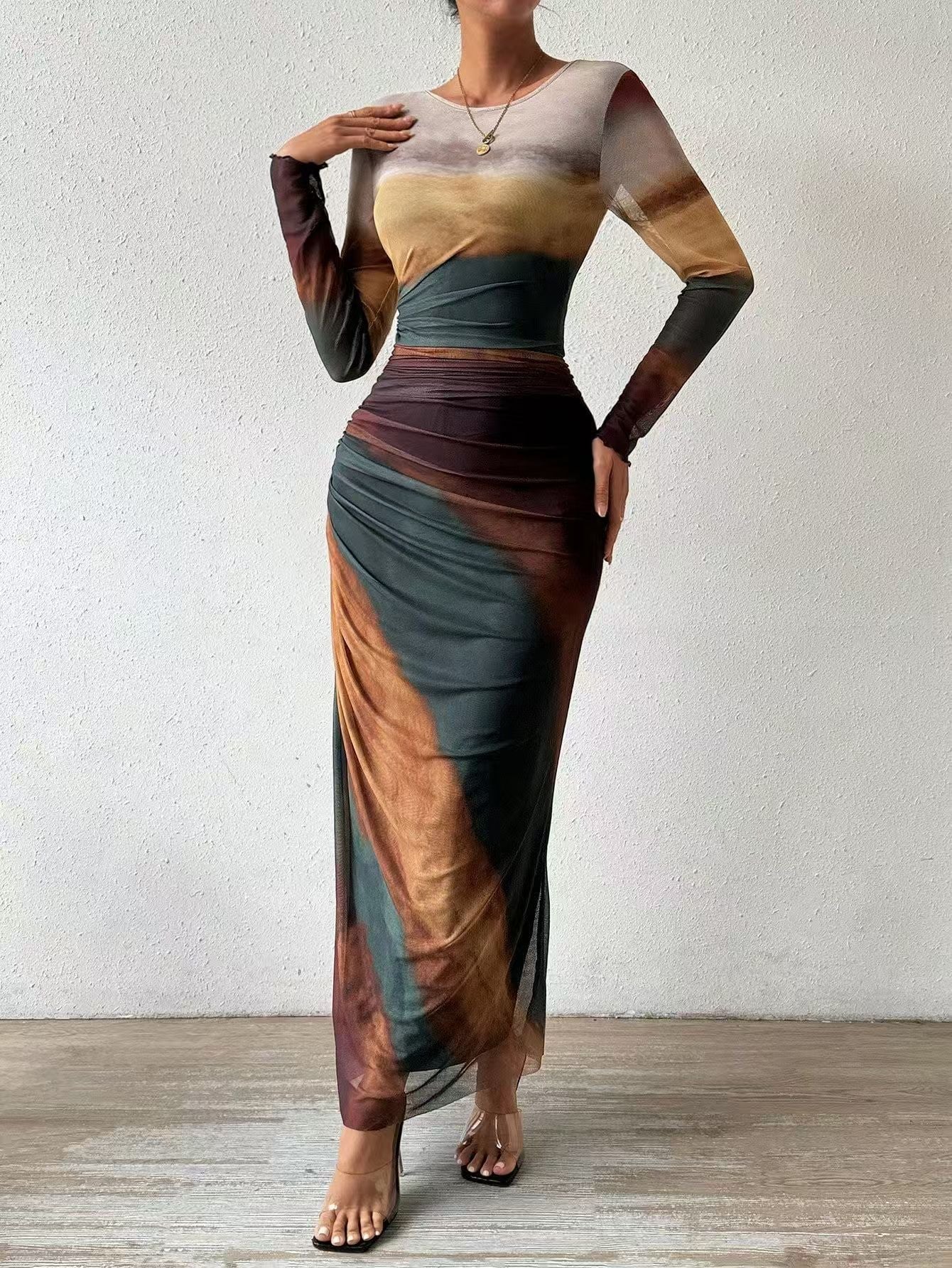 Comfy Printed Long Sleeve Round Neck Maxi Dress - view 8