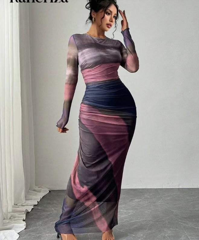Comfy Printed Long Sleeve Round Neck Maxi Dress - view 10